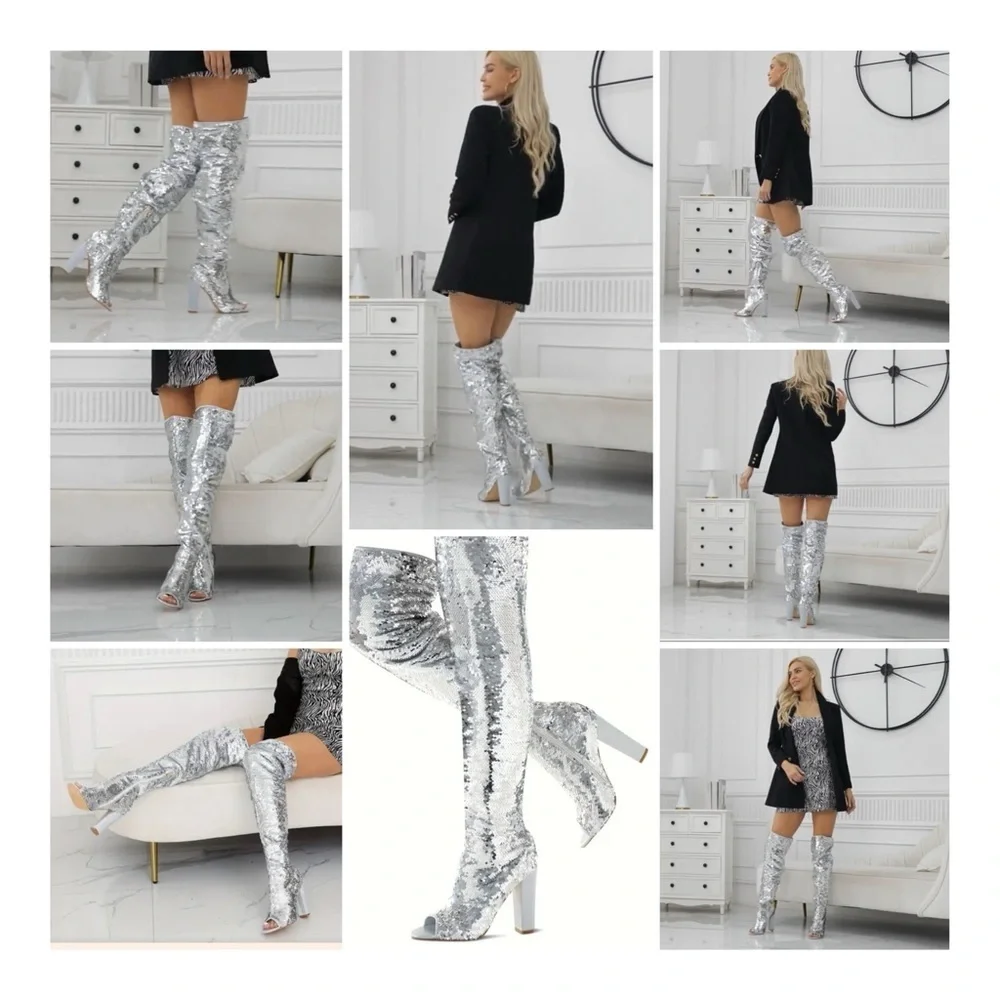 KHPAERMEI Sparkly Thigh High Open Toe Chunky High Heel Boots - Silver Sequin